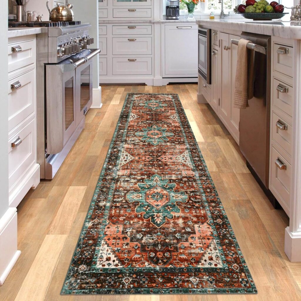 Washable Runner Rug, 80x300CM Non-Slip Boho Vintage Hallway Rug Runner with Rubber Backing, Stain Resistant & Low Pile Faux Wool Distressed Carpet Runner for Bedroom, Kitchen, Laundry, Entrance