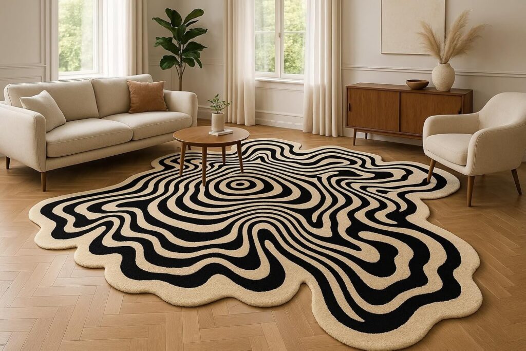 Irregular Shaped Custom Throw Rug Illusion Pattern Hand-Tufted Wool Handmade Area Rug for Home, Bedroom, Living Room, Kids Room (3X3-Cream and Black)