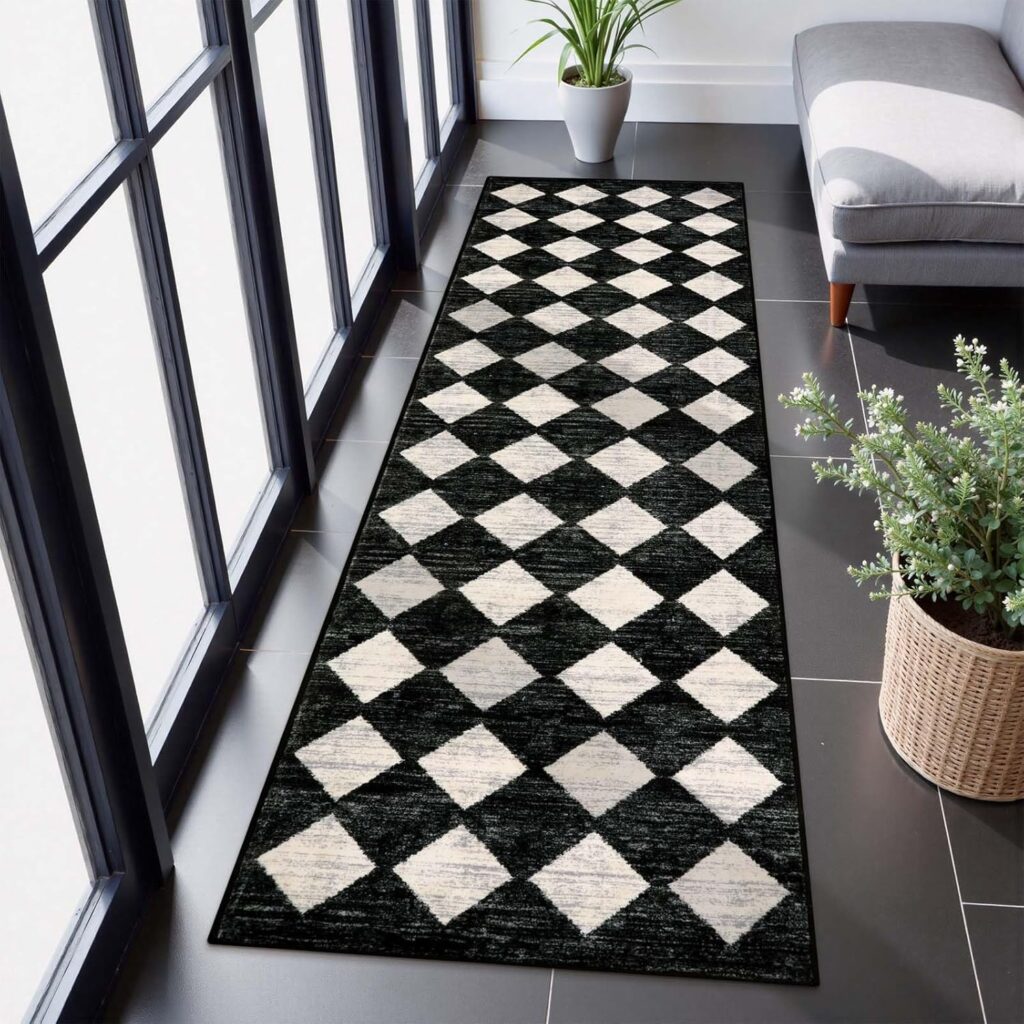 Lahome Moroccan Trellis Runner Rug – 2×8 Black Hallway Runner Rug with Rubber Backing, Checkered Kitchen Non Skid Carpet Runner Washable Indoor Mat for Camper Entryway Bathroom Hardwood Floor