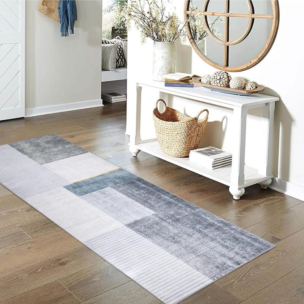 Calore Carpet Runner Rug for Hallway Runner Carpet Non Slip Washable Soft Hallway Rug Long Modern Abstract Low Pile Runner Rug for Bedroom Kitchen Home Decor (Grey/Blue/Gold, 80 x 150 cm)