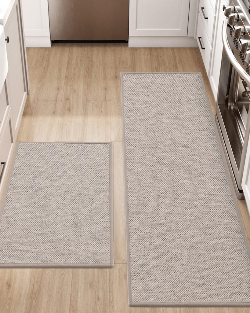 DEXI Kitchen Rugs and Mats for Floor, 44×75 + 44×150 cm, Non Slip Washable Absorbent Thin Woven Runner Rug for Front of Sink, Laundry Room, Hallway, Set of 2, Khaki
