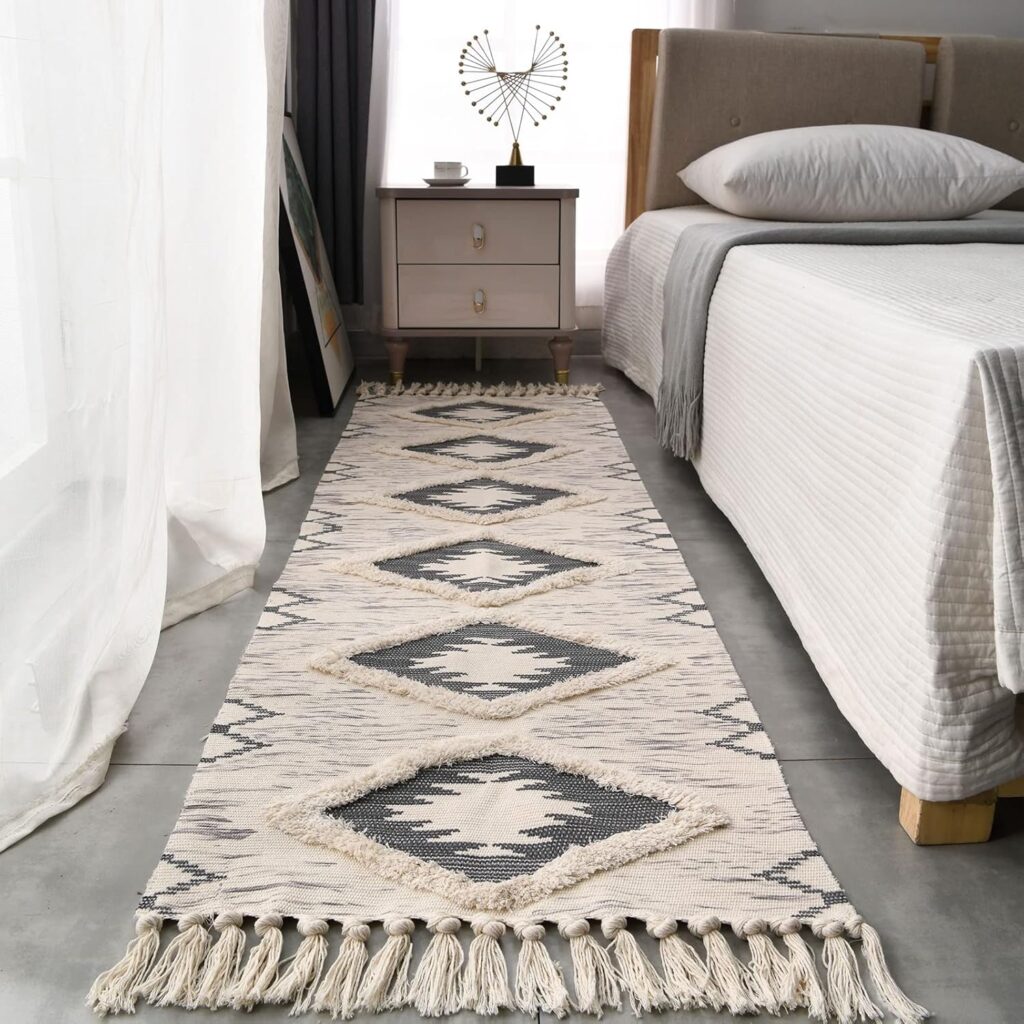 Boho Runner Rug 2’x6′, Washable Hallway Rug Runner Non Slip Rubber Backed, Kitchen Farmhouse Area Rug Floor Mat with Tassels, Tufted Woven Cotton Entryway Carpet, Grey