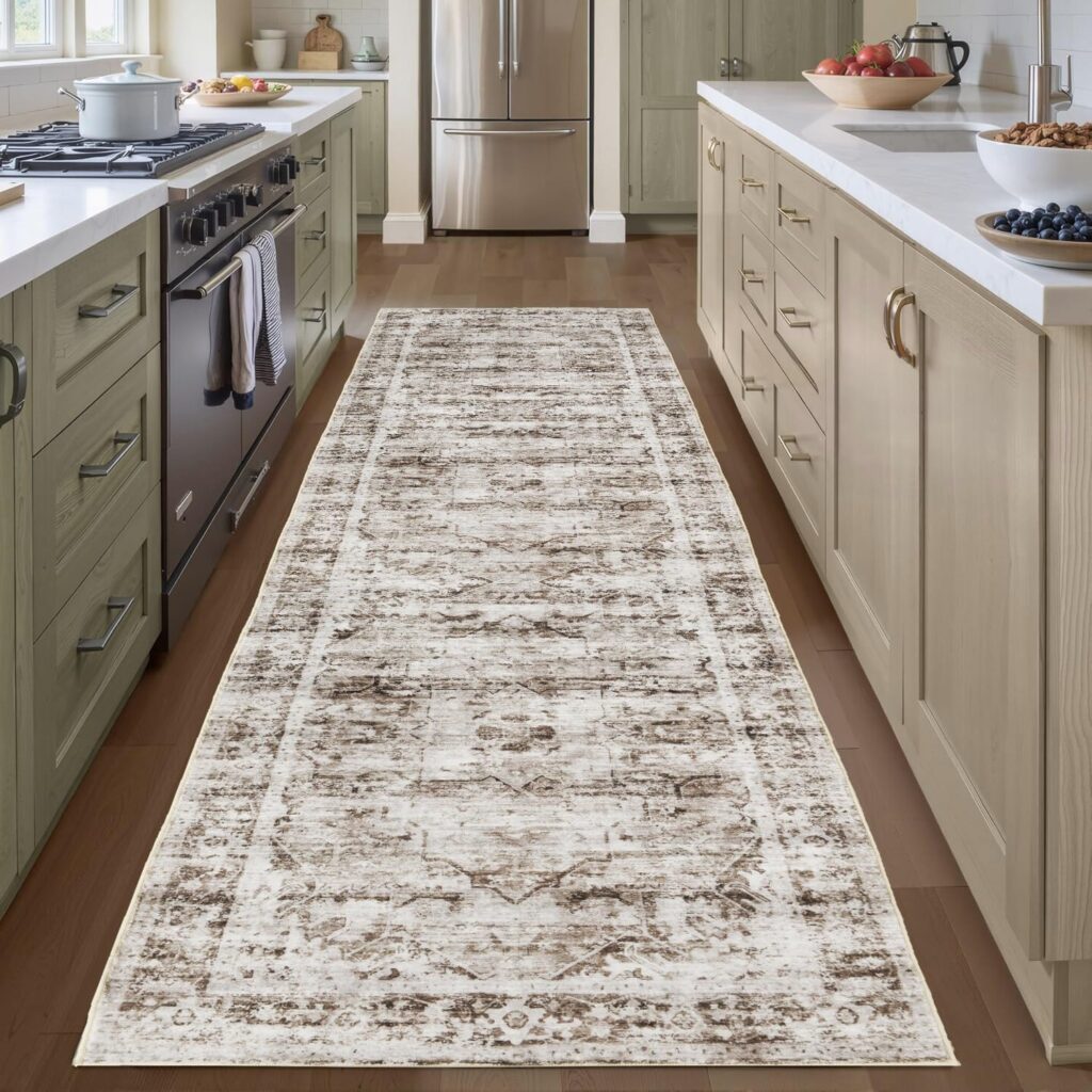 Heifgott Runner Rug 2.6”x10′ Non Slip Machine Washable Vintage Hallway Runner Rug, Low Pile Lightweight Rugs for Entryway, Hallway, Kitchen and Corridor（Brown）