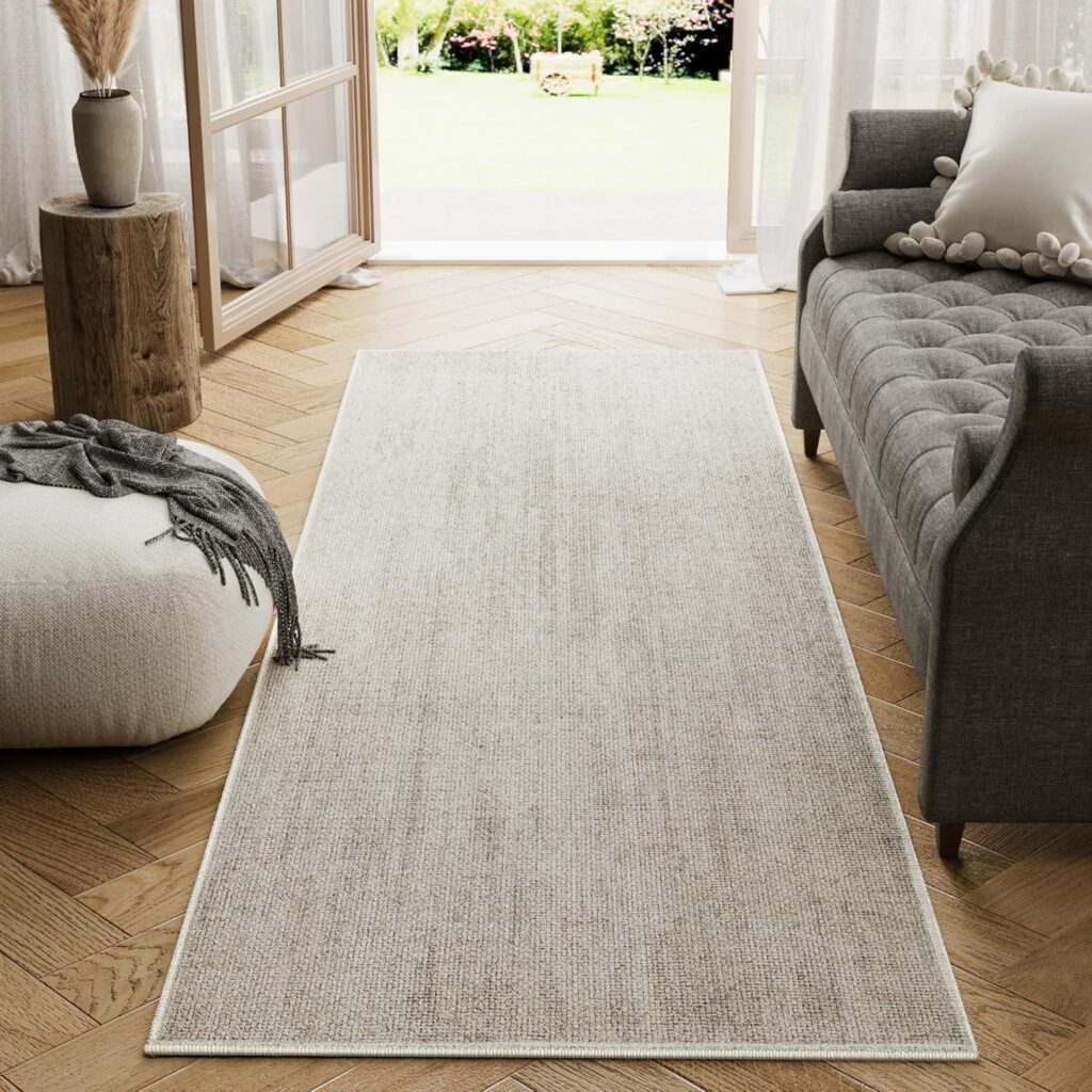 JINCHAN Modern Runner Rug 61x152CM Washable Hallway Rug Grid Runner Indoor Floor Cover Geometric Contemporary Non Slip Soft Carpet for Kitchen Bedroom Laundry Room Home Office Oatmeal