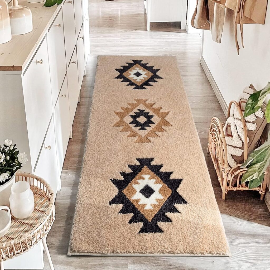 DEXDE Boho Bathroom Runner Rugs 24×60 Long Bath Mat for Bathroom Bedroom Hallway Kitchen Shower Luxury Soft Absorbent Large Bath Rugs Carpet Geometric Farmhouse Home Decor, Beige