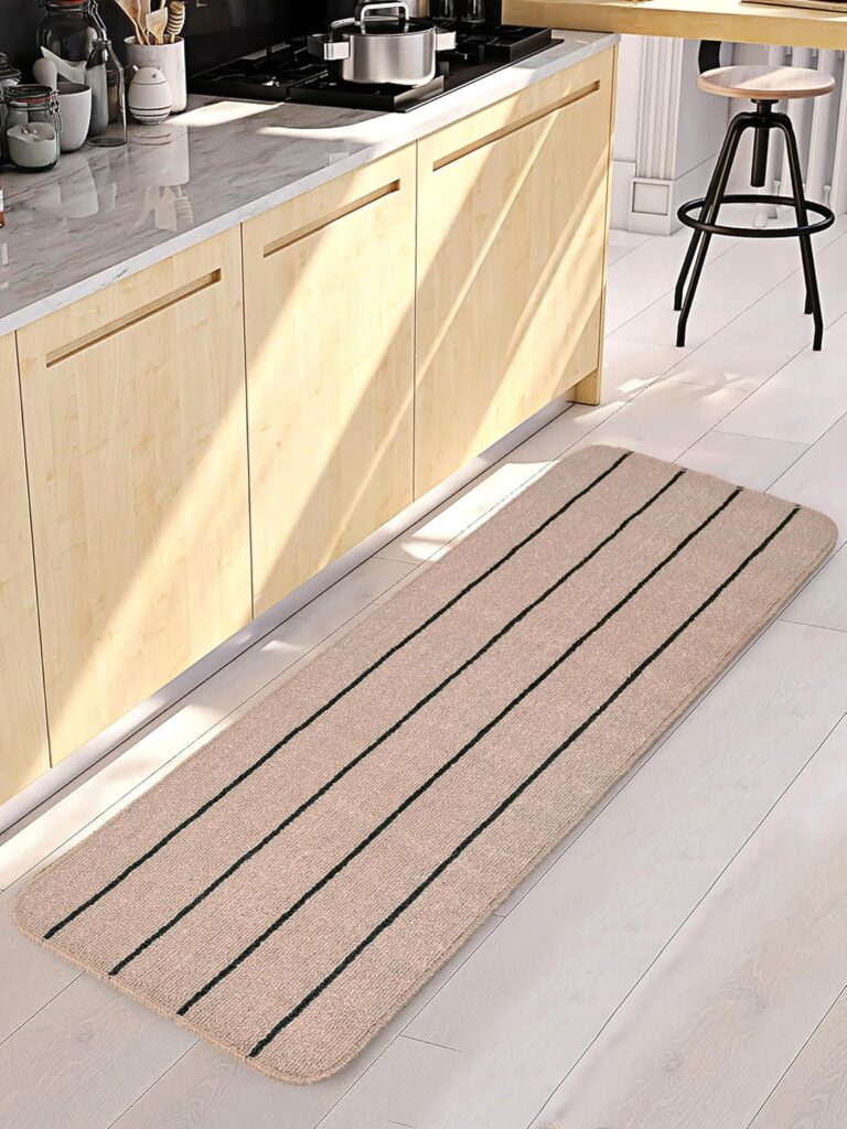 SARAL HOME Minimalist Striped Runner | Thin Stripe Rug | Modern Linear Bed Edge Carpet | Non Slip Kitchen Bedside Anti Skid Side Floor Mat | for Hallway Kitchen Entryway Narrow Spaces|Beige 43×120 CM