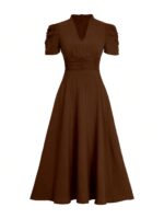 Shasmi Girl's & Women's Solid Color V-Neck A-Line Maxi Dress for Women | New Year Party Outfit | Waist Cinched Puff Sleeve Western | Elegant Casual Wear (Dress 246) - Image 6