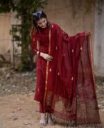 Anni Designer Pure Cotton Maroon Kurta Pant Set with Dupatta for Women | 3 Piece Gold Hand Block Printed Suit Set | Cotton Kurta Set for Women | Festive Kurti Set - Image 3