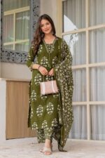PARTHVI Women's Pure Cotton Printed Straight Kurta Set with Palazzo Pants & Dupatta- Ethnic Wear, Green - Image 6
