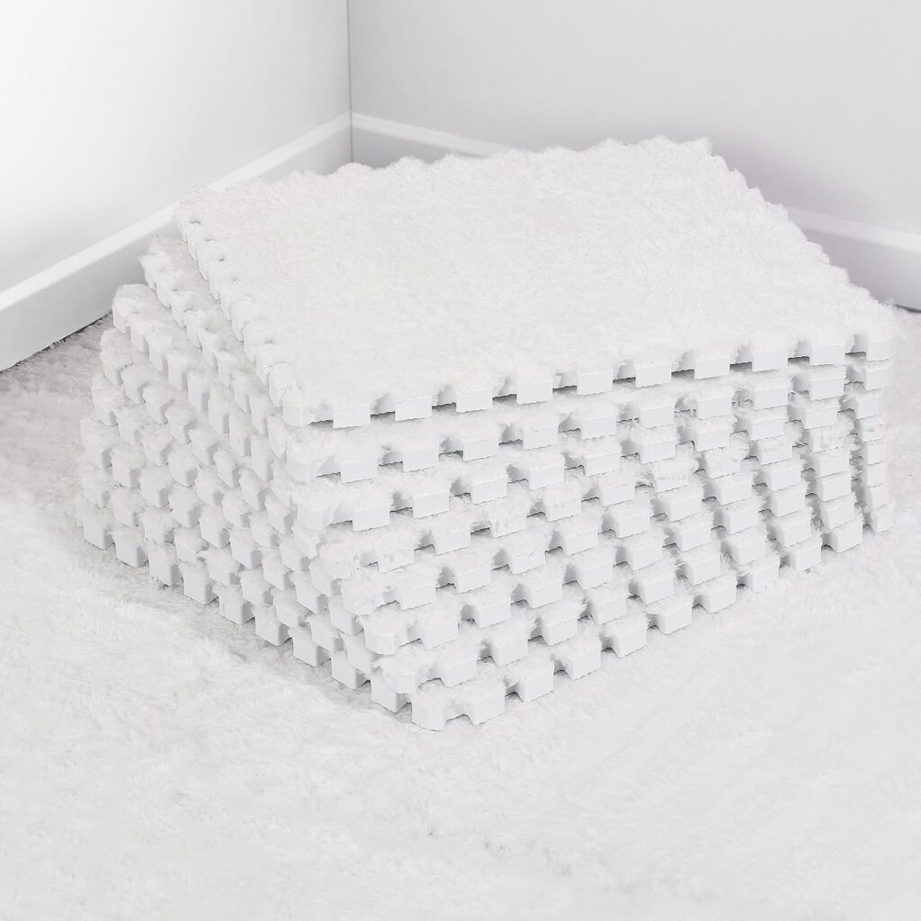 Jorunb Foam Play Mat Jorunb 12pc Plush Interlocking Floor Mat EVA Foam Interlocking Floor Tile Matting Kids Carpet Squares Protective Floor Mats Washable Fluffy Play Mat30x30cm (white03)