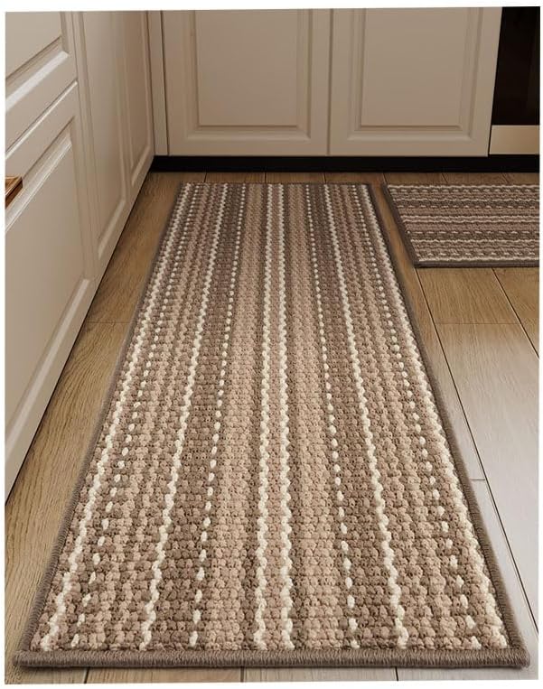 2PCS Kitchen Rug and Mat for Floor-43x70cm & 43x120cm Kitchen Runner Rug Non Slip Washable Kitchen Mat-Absorbent Kitchen Floor Mat for Front Sink, Laundry Room, Hallway (Brown)