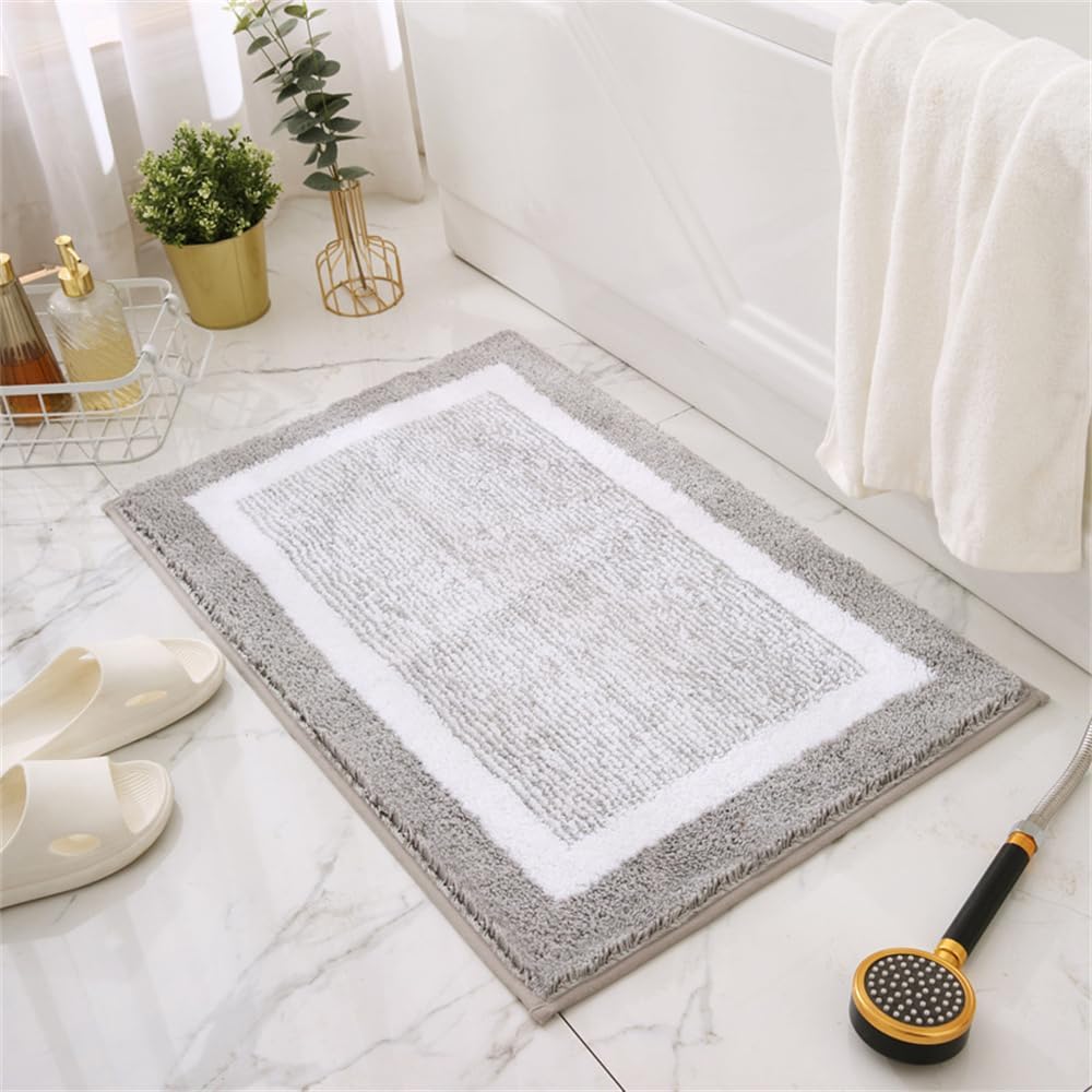 Azonee Bathroom Rug Mat, Grey Non-Slip Bath Mat, Extra Soft Absorbent Premium Bath Rug, Machine Washable Fluffy Microfiber Floor Mats for Bathroom Tub Sink Shower, 17″x24″