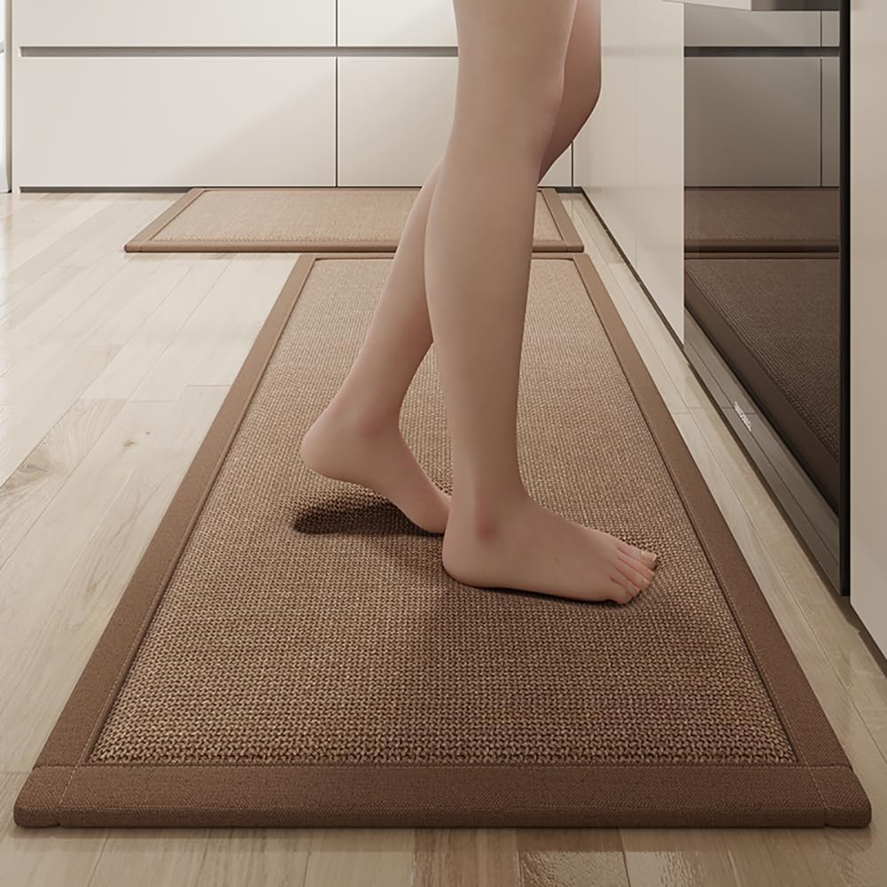 Angju 2PCS Kitchen Rug and Mat for Floor, 45x70cm+45x120cm Wear-resistant Kitchen Runner Rug Anti-slip Washable Mat, Sponge Lining Kitchen Floor Mat for Front Sink, Laundry Room, Hallway (Brown)