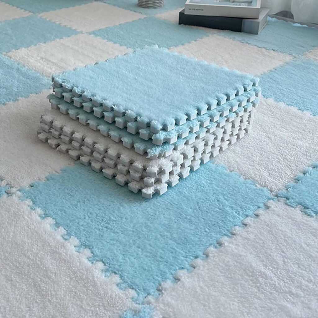 Jorunb Foam Play Mat Jorunb 12pc Plush Interlocking Floor Mat EVA Foam Interlocking Floor Tile Matting Kids Carpet Squares Protective Floor Mats Washable Fluffy Play Mat30x30cm (blue_)