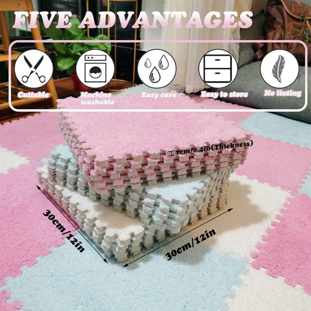 Jorunb Foam Play Mat Jorunb 12pc Plush Interlocking Floor Mat EVA Foam Interlocking Floor Tile Matting Kids Carpet Squares Protective Floor Mats Washable Fluffy Play Mat30x30cm (black_)