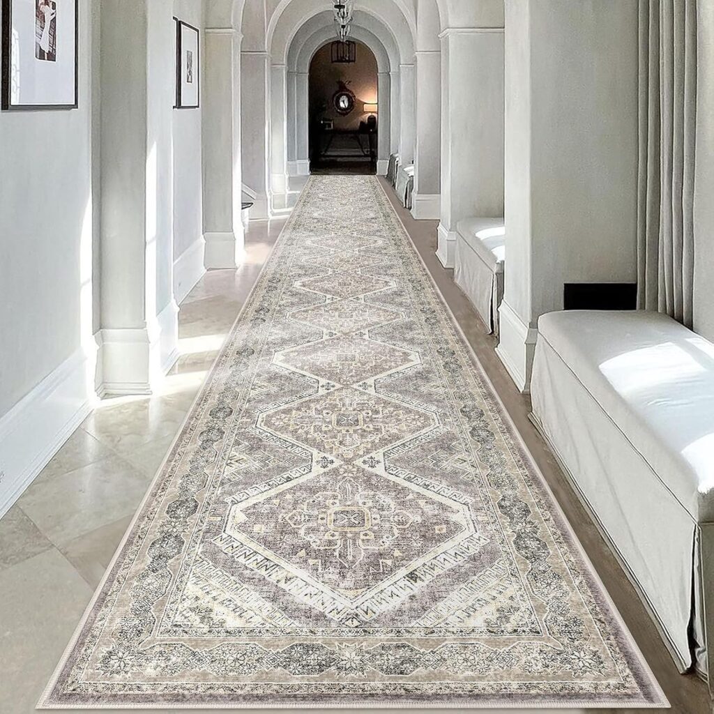 KUTA Extra Long Runner Rug for Hallway 2.6x18ft, Oriental Washable Kitchen Rugs, Ivory Grey Yellow Non-Slip Stair Runners Indoor Soft Printed Vintage Floral Carpet for Bedroom Living Room Nursery