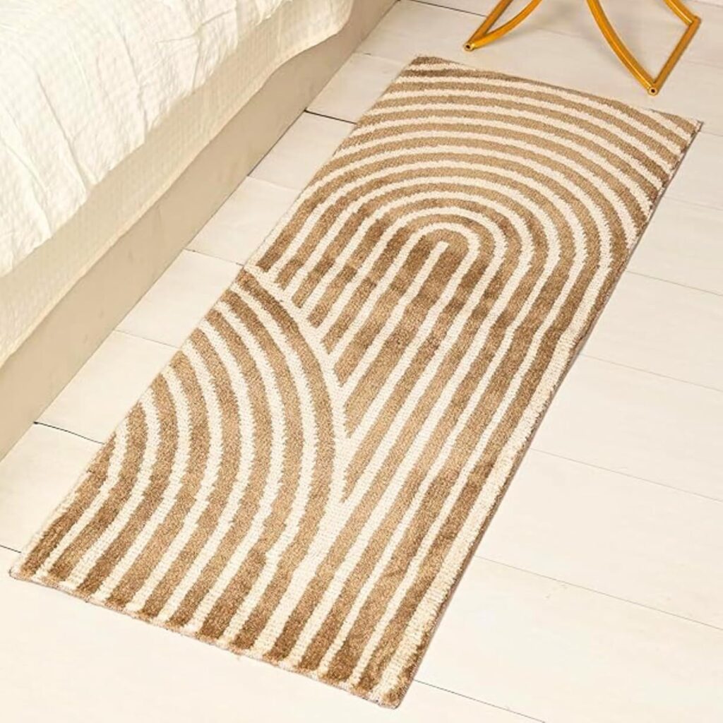 SARAL HOME Boho Arc Runner | Mid Century Modern Geometric 3D Arch Rug | Retro Curved Bedside Carpet | Non Slip Anti Skid Side Floor Mat | for Corridor Bedroom Apartment Decor|Beige 45×110 CM
