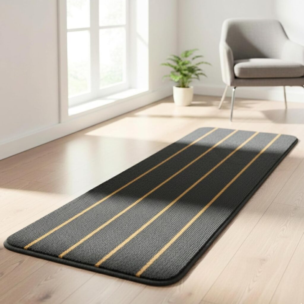 SARAL HOME Minimalist Striped Runner | Thin Stripe Rug | Modern Linear Bed Edge Carpet | Non Slip Kitchen Bedside Anti Skid Side Floor Mat | for Hallway Kitchen Entryway Narrow Spaces|Grey 43×180 CM