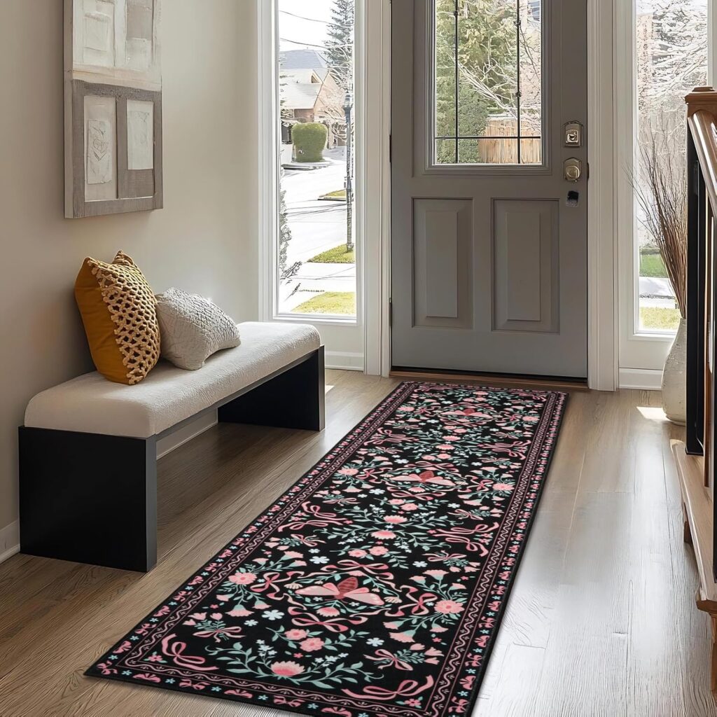 MOSISO 2X6 Runner Rug for Hallways Kitchen, Soft Non Slip Bow Bee Flowers Washable Floor Low Pile Carpet, Faux Wool Runner Area Rugs for Hallways Kitchen Laundry Bedroom Entryway, Black MOSISO 2X6 Runner Rug for Hallways Kitchen, Soft Non Slip Bow Bee Flowers Washable Floor Low Pile Carpet, Faux Wool Runner Area Rugs for Hallways Kitchen Laundry Bedroom Entryway, Black