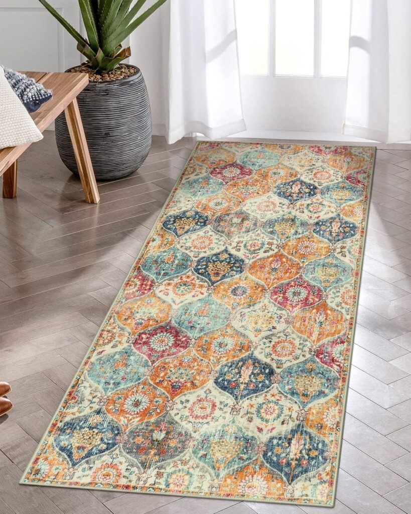 Moroccan Trellis Hallway Runner Rug, Washable Rug Runner Non Slip Kitchen Runner Rugs with Rubber Backing Ultra-Thin Vintage Carpet Runner for Hallways Bedroom Bathroom (60 * 150 cm)
