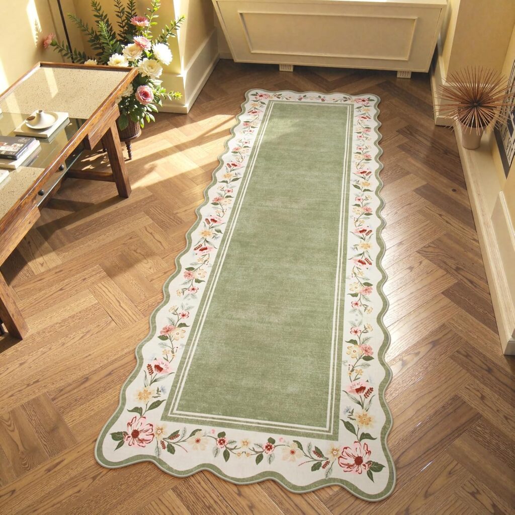 Lahome Floral 2’x 6′ Washable Kitchen Runner Rug, Green Rug Runners for Hallways Non Slip, Scalloped Runner Rug Ultra-Thin Stain Resistant Boho Carpet for Entryway Bathroom Bedroom（Green，2x6ft）