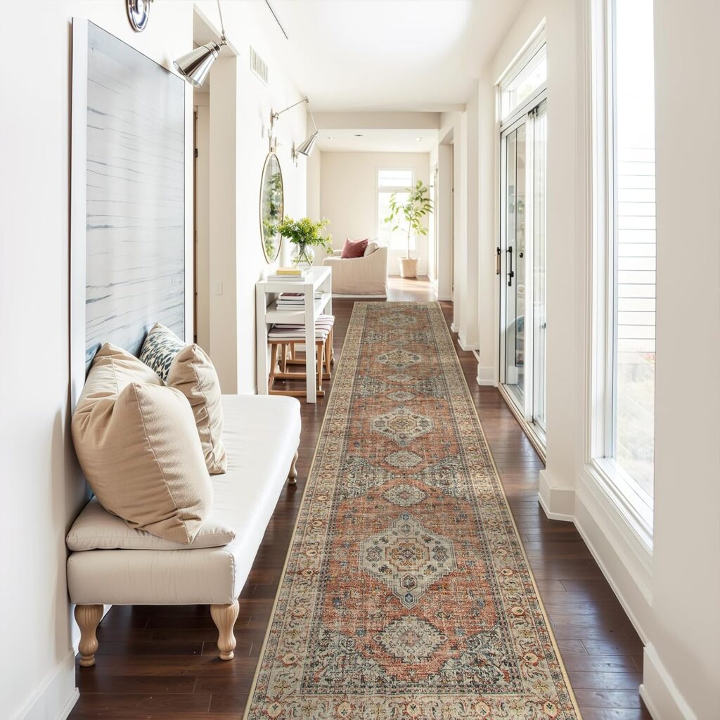 Lahome Oriental Kitchen Runners for Hallways, 2.5×12 Washable Runner Rug Non Slip, Soft Hallway Rug Distressed Ultra-Thin Long Carpet for Bathroom Entryway ‎Bedroom, Peach/Orange