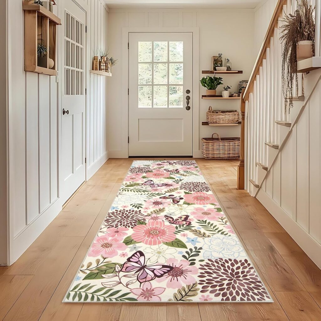 MOSISO 2X6 Runner Rug for Hallways Kitchen, Soft Non Slip Butterfly & Flowers Washable Floor Low Pile Carpet, Faux Wool Runner Area Rugs for Hallways Kitchen Laundry Bedroom Entryway, Beige
