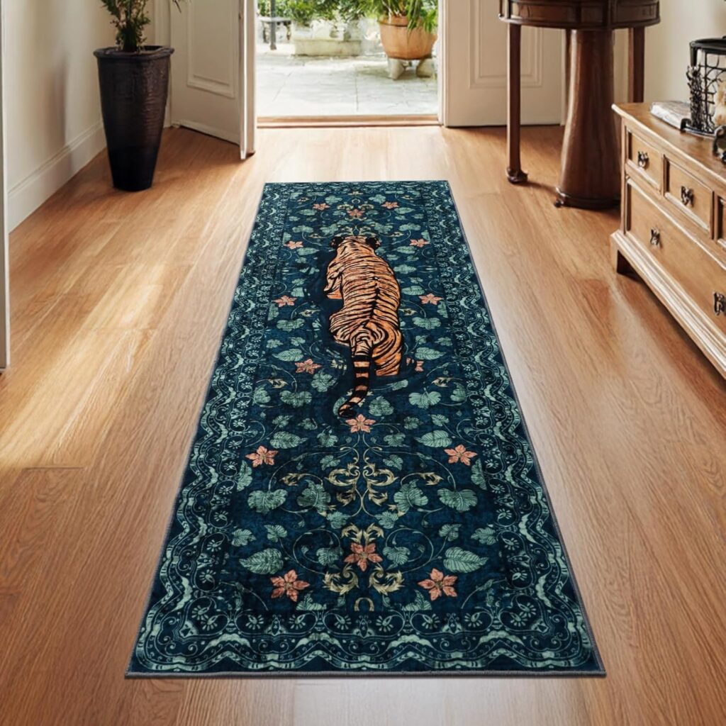 Tiger Rug Runner for Hallway 60 x 180 cm, Green Washable Kitchen Rug with Non-Slip Rubber Back, Soft Short Pile Bedroom Faxu Wool Rug, Vintage Long Mat for Entrance, Office, Bathroom