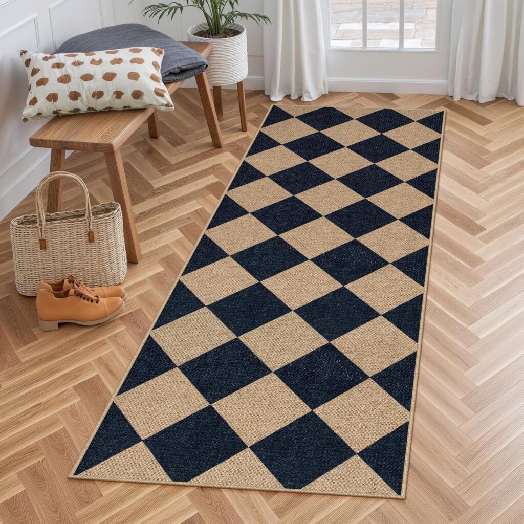 Lahome Checkered Easy Jute Runner, 2×6 Kitchen Runner Rug Non Slip Washable Outdoor Rug for Entryway Indoor, Checkerboard Black Indoor Outdoor Carpet for Hallway 6ft Entry Front Door