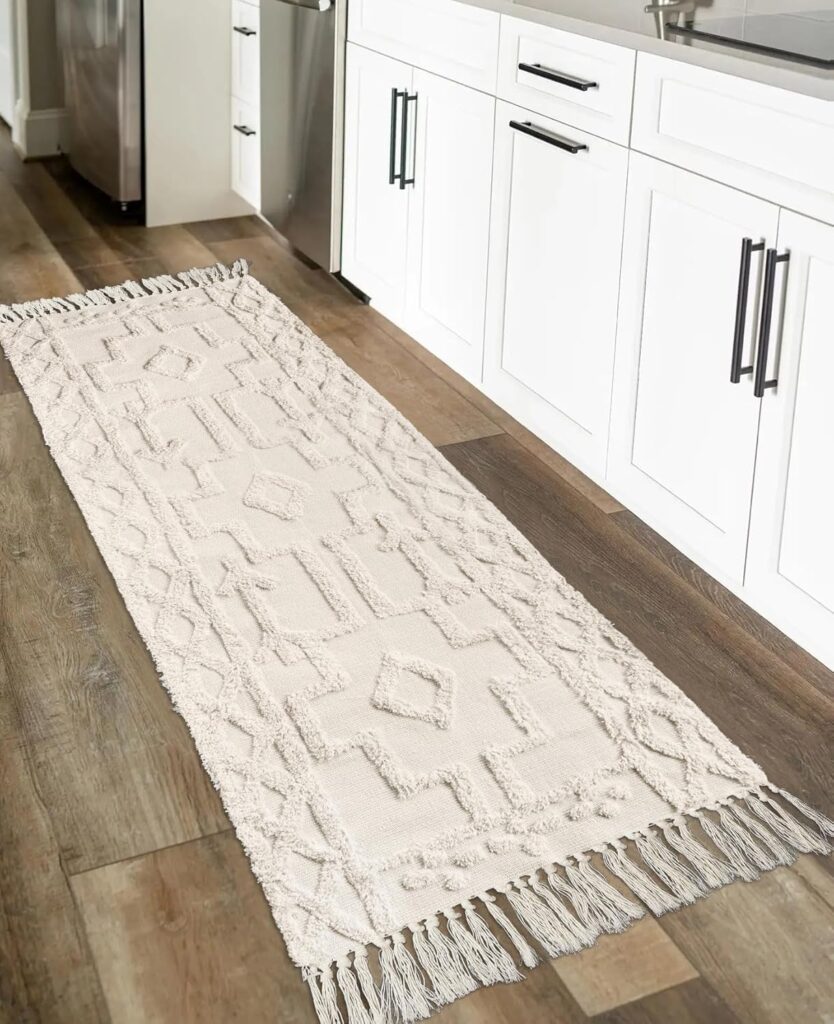 Uphome Boho Hallway Runner Rug 2’x 6′, Beige Cotton Washable Kitchen Rug Runners with Tassels, Hand Woven Western Entryway Runner Rugs, Morrocan Accent Throw Carpet for Hallways Bedroom Bathroom