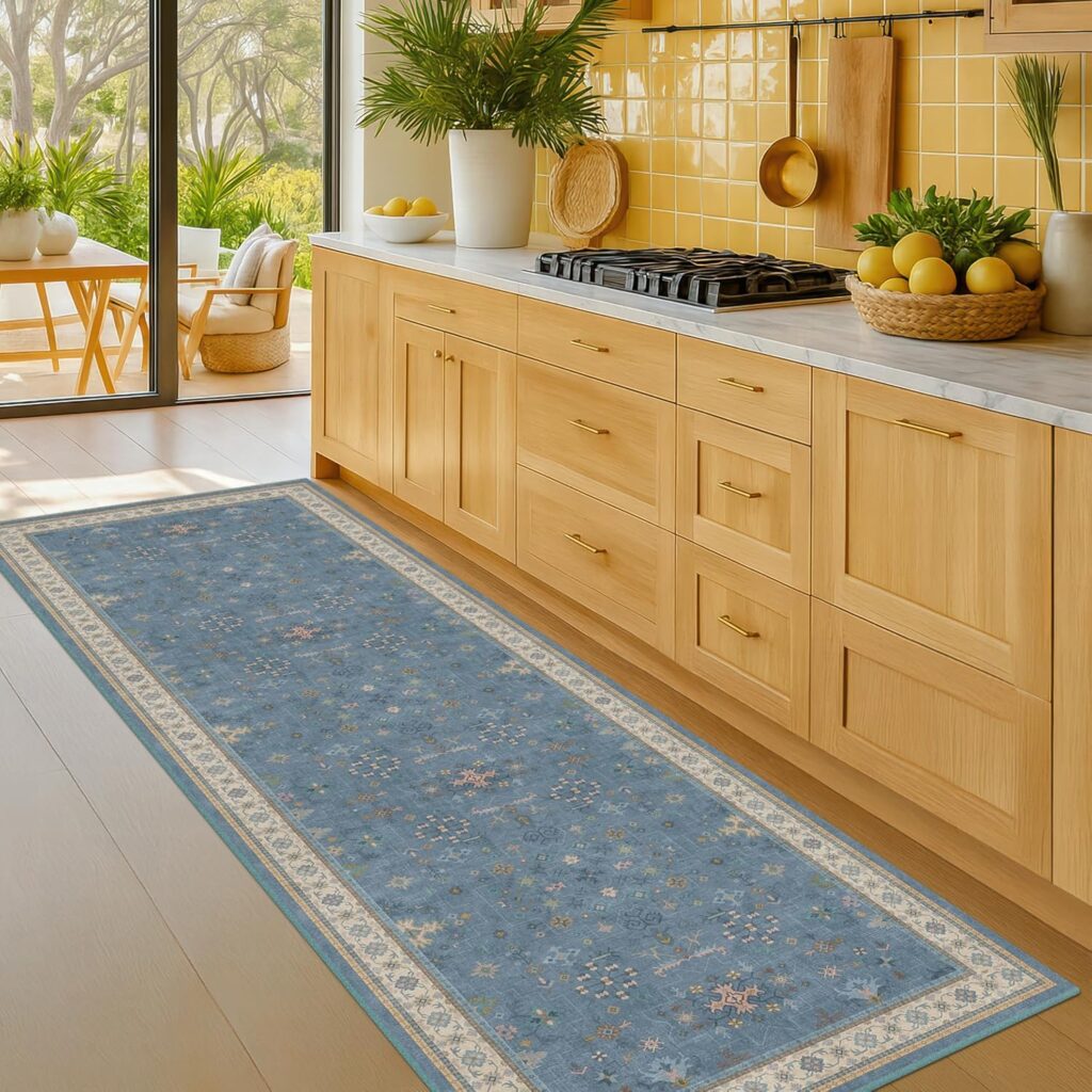 Boho 2×6 Non Slip Kitchen Rug Runner – Light Blue Washable Rug for Bathroom, Laundry Room, Hallway, Non Slip with Rubber Backing, Floral Eclectic Unique Runner Décor Boho 2×6 Non Slip Kitchen Rug Runner – Light Blue Washable Rug for Bathroom, Laundry Room, Hallway, Non Slip with Rubber Backing, Floral Eclectic Unique Runner Décor