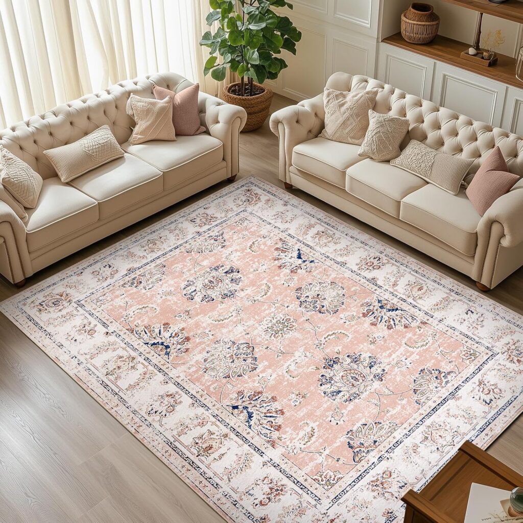 JINCHAN Carpet Washable Rug Boho Living Room Carpet Floral Print Large Floor Mat Indoor Soft Distressed Foldable Carpet Thin Rug Bedroom Dining Room Office(Pink,244x305CM)