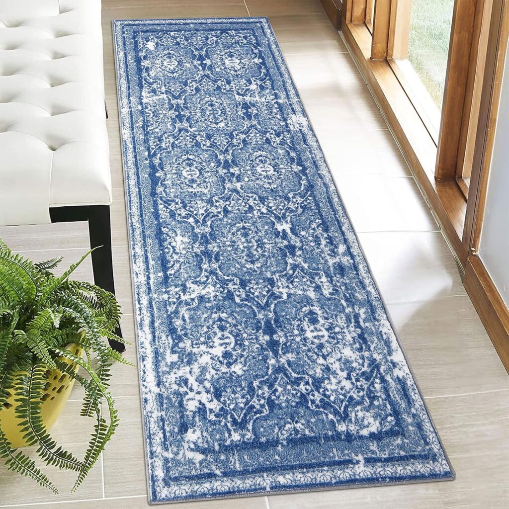 Vaukki Hallway Runner Rug, Vintage Shaggy Soft Laundry Rug , Non Slip Mat, Washable Farmhouse Kitchen Area Carpet for Bathroom, Entryway and Bedroom (2′ X 6′, Blue)