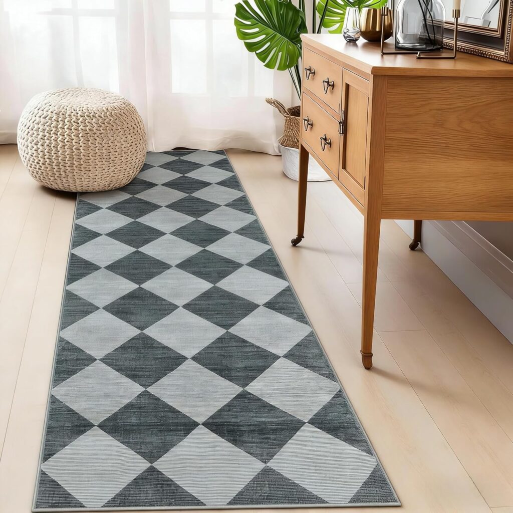 Angju Checkered Print Hallway Rug 180 * 60cm, Ultra Thin Kitchen Mats Runner Non Slip Washable Carpet Runners for Hallway 6ft, Stain Resistant Floor Carpet for Bathroom Bedroom Entryway