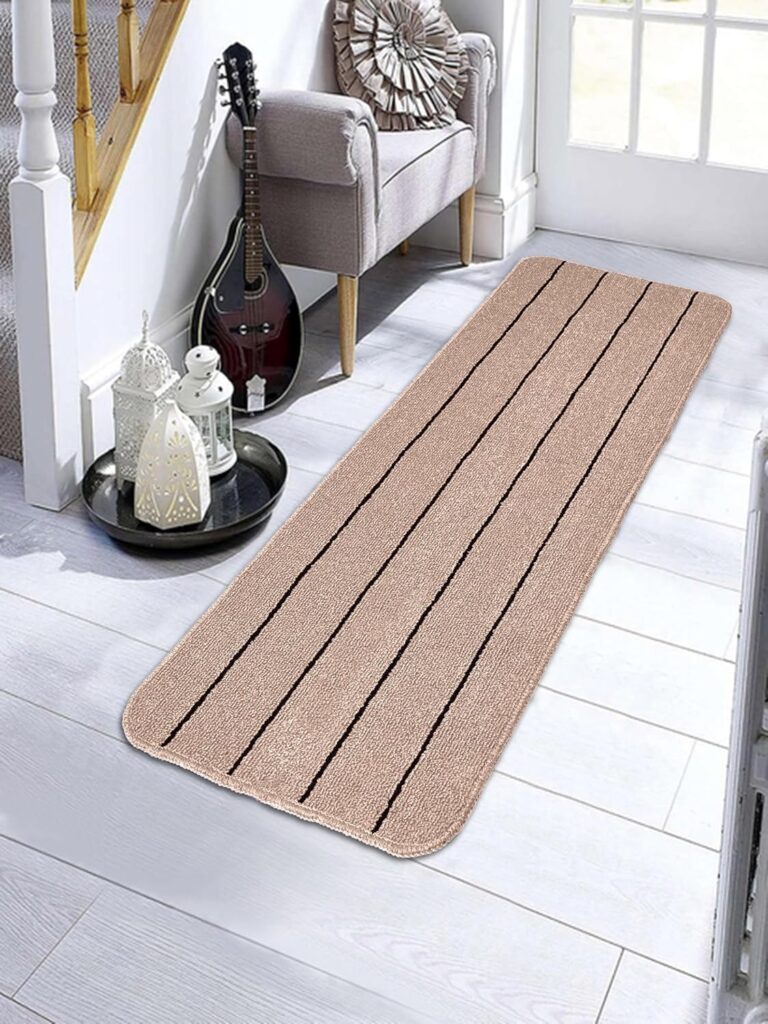SARAL HOME Minimalist Striped Runner | Thin Stripe Rug | Modern Linear Bed Edge Carpet | Non Slip Kitchen Bedside Anti Skid Side Floor Mat | for Hallway Kitchen Entryway Narrow Spaces|Beige 43×180 CM
