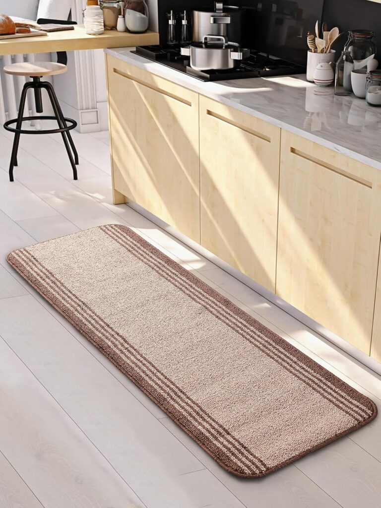 SARAL HOME Bordered Stripe Runner | Edge Stripe Minimalist Hallway Rug | Clean Framed Bedside Carpet | Non Slip Kitchen Anti Skid Side Floor Mat | for Entryway Corridor Kitchen|Beige 40×120 CM