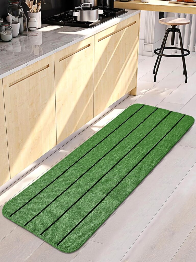 SARAL HOME Minimalist Striped Runner | Thin Stripe Rug | Modern Linear Bed Edge Carpet | Non Slip Kitchen Bedside Anti Skid Side Floor Mat | for Hallway Kitchen Entryway Narrow Spaces|Green 43×120 CM