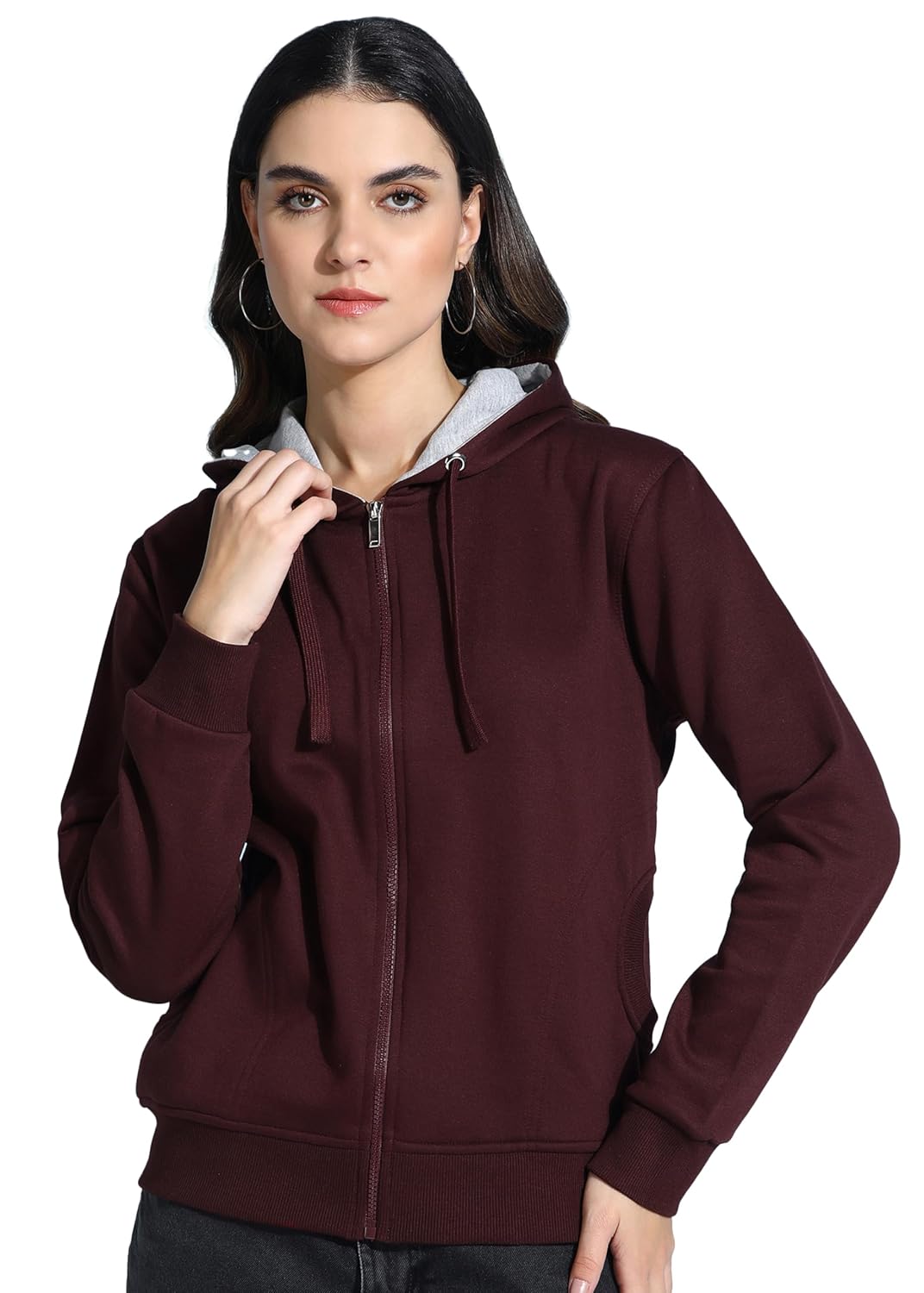 Alan Jones Clothing Women's Solid Zipper Hooded Sweatshirt | Front *