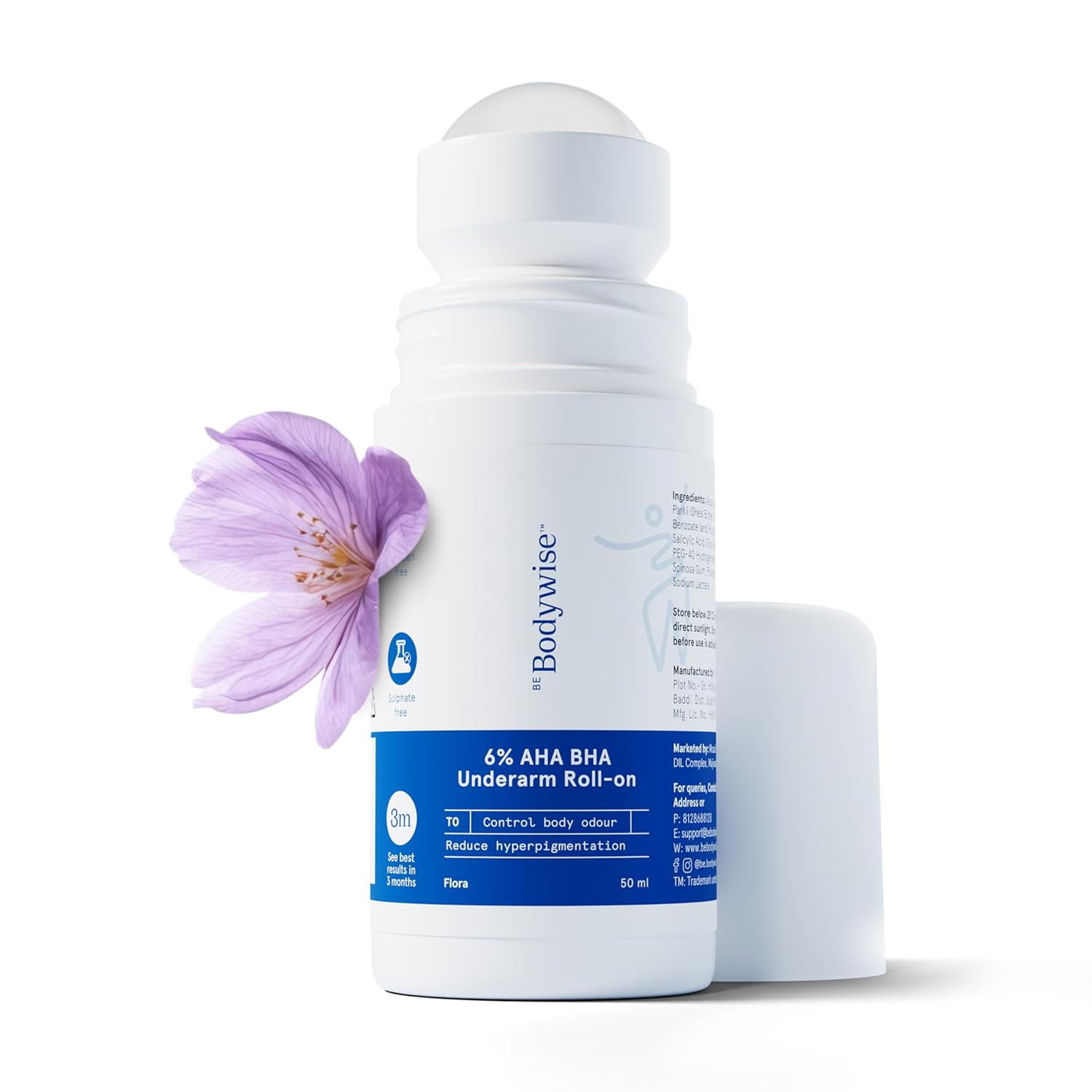 Be Bodywise 6% AHA BHA Underarm Roll On Deodorant,Flora Fragrance,1% *