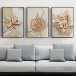 LYBOHO Islamic Arabic Calligraphy Canvas Painting, Marble Background, Allah, Islamic Pictures, Poster Decoration, Without Frame (Islam, Golden 2, 3 Pieces, 60 x 90cm) - Image 2