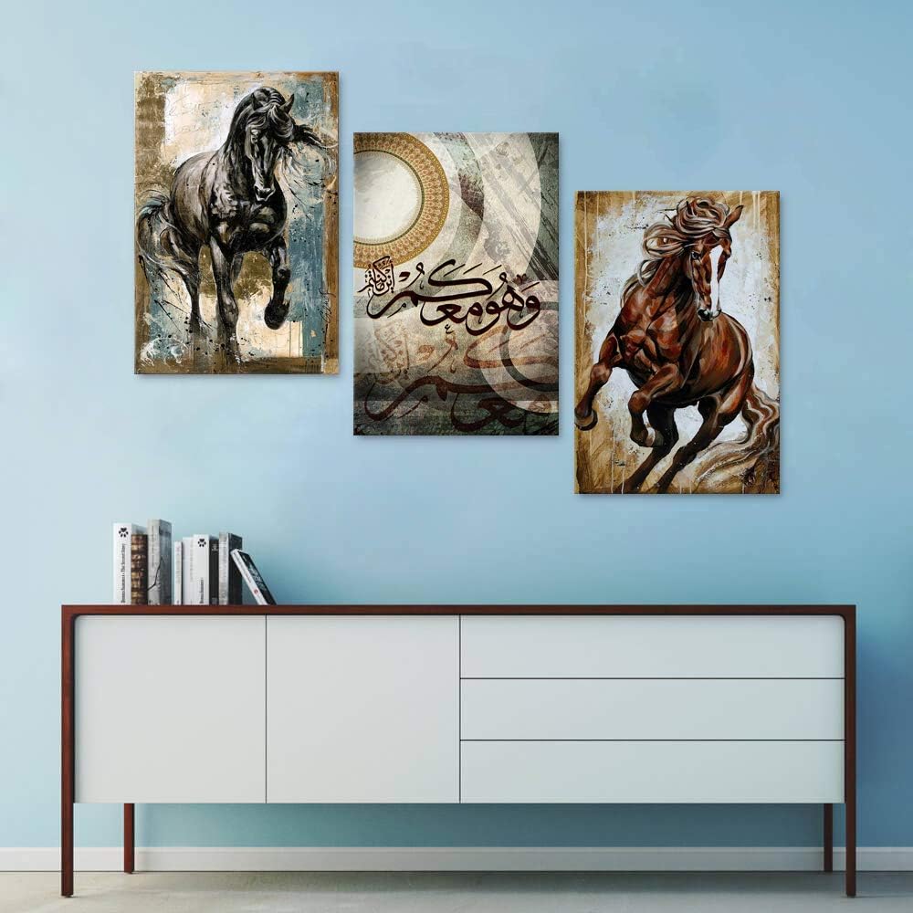 BPA Vintage Running Horse Wall Art Oil Paintings Arabic Islamic Calligraphy Artwork for Home Walls Office Decor Islamic Matt Gold Alhamdulillah Allah Arabic Calligraphy Art Framed 48x24 in - Image 3