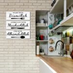 Islamic Wood Wall Art Quote - Start with Bismillah, Appreciate with MashaAllah, End with Alhamdulillah, Rustic Arabic Calligraphy Wooden Farmhouse Wall Decor, Muslim Decor Kitchen Sign (white) - Image 3