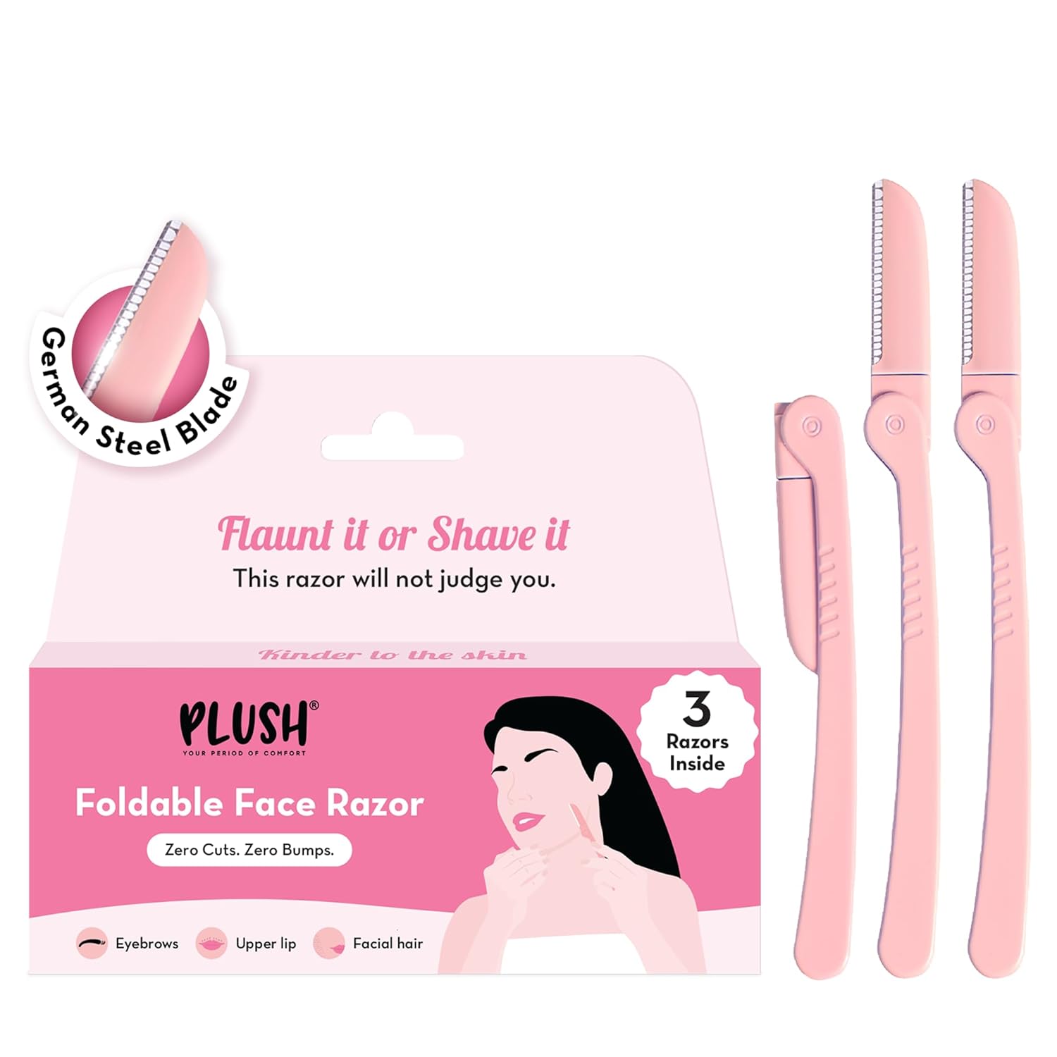 615yYaIngJL._SL1500_.jpg Plush Face and Eyebrow Razor for Women | For Painless and Instant Facial Hair Removal | Foldable & Reusable Pack of 3 | For Upperlips, Forehead, Sideburns Eyebrows etc with Stainless Steel Blade - Image 1