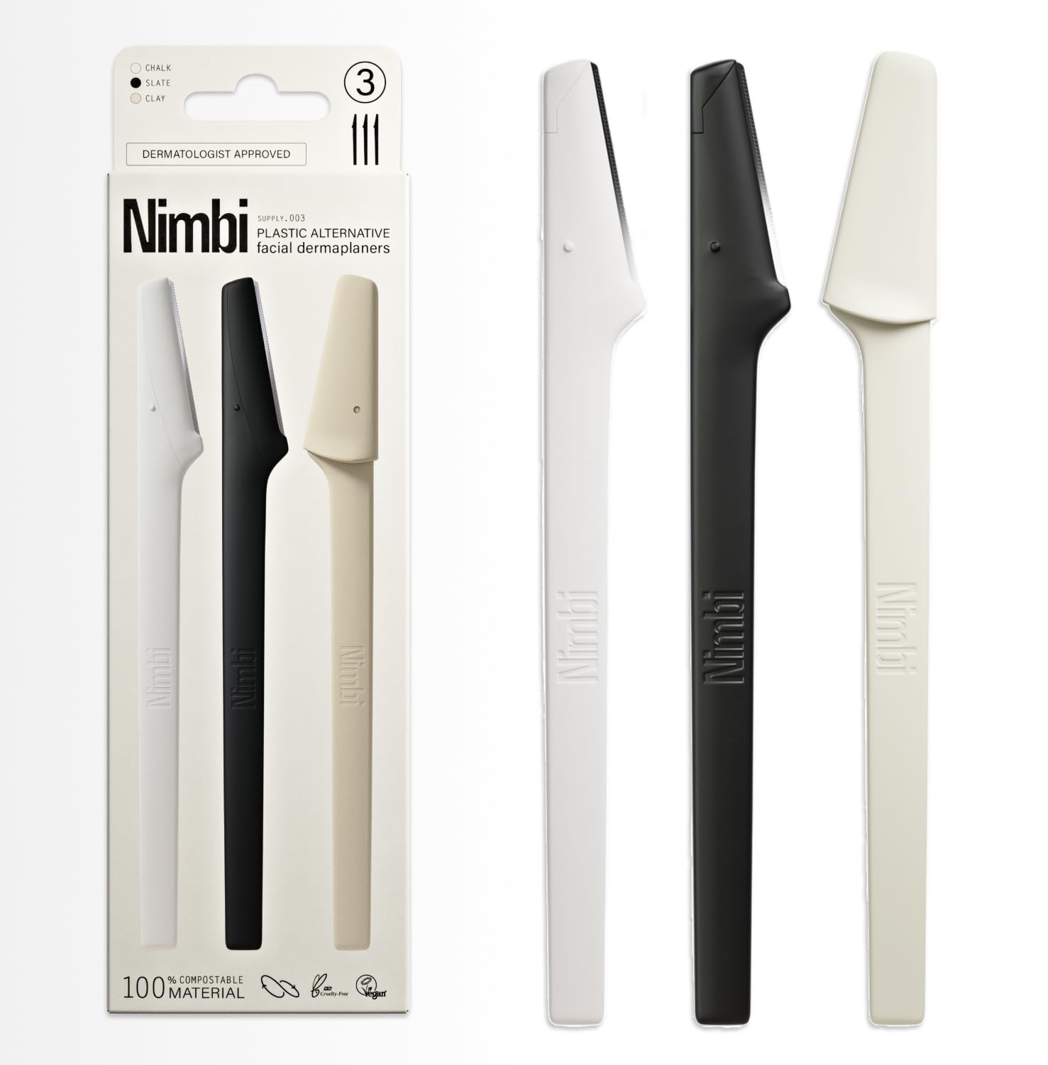 61MBGdRw1wL._SL1500_.jpg Nimbi Dermaplane Razor | Precision Eyebrow Shaper, Facial Hair Removal for Women & Exfoliation | Professional Dermaplaning Tool for Face | Plastic-Free - 3 Count - Image 1