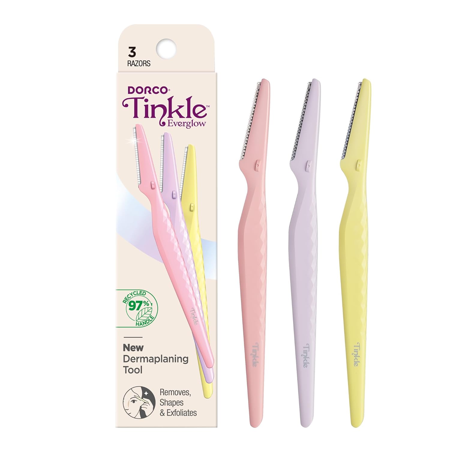 61OnyyQ6-L._SL1500_.jpg Tinkle Everglow Dermaplane Razor (3 ct), Eyebrow Razor & Face Razors for Women, Peach Fuzz Remover, Dermaplaning Tool, Stainless Steel Blades, Stocking Stuffers - Image 1