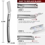 ZOMCHI Eyebrow Razor and Face Razor for Women and Men, Reusable Metal Handle with 11 Refill Blades, Dermaplane Razor with Protective Silicone Cap, Eyebrow Hair Trimmer - Polished Silver - Image 6