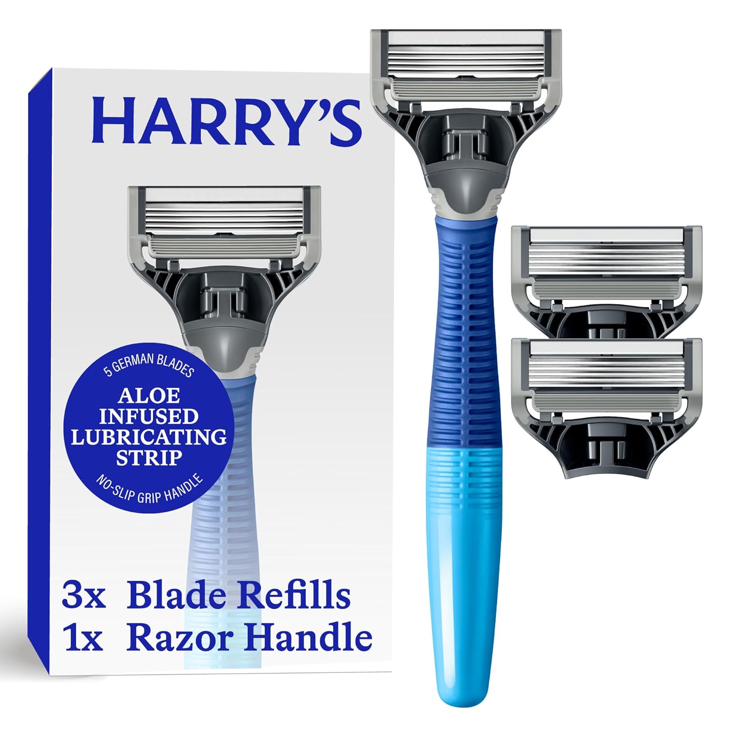 71OmSPGDXTL._SL1500_.jpg Harry's Original Shaving Kit for Men - Razor Handle and 3 Razor Blade Refill Cartridges - German Engineered - Ocean Blue - Image 1