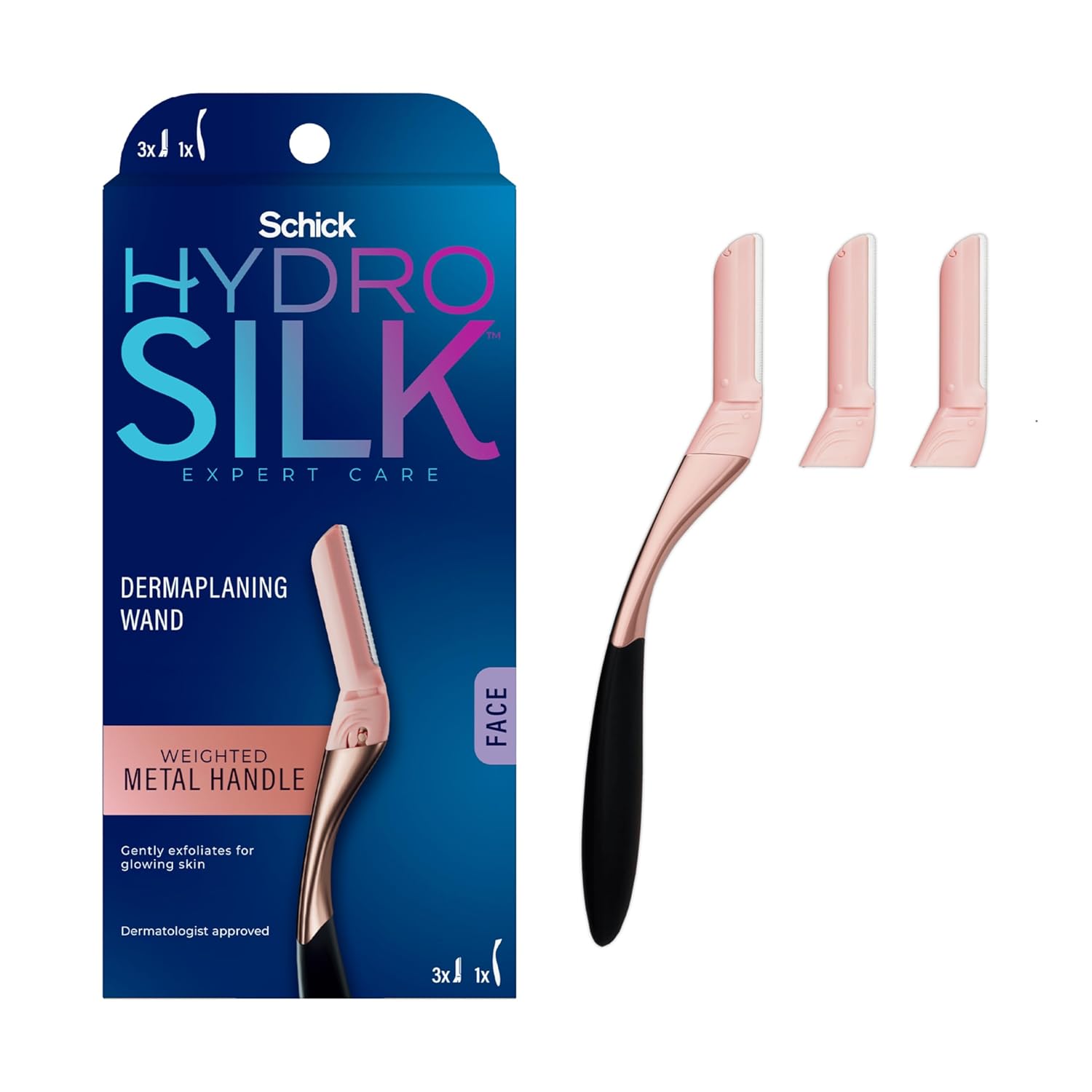 71utkNfBjrL._SL1500_.jpg Schick Hydro Silk Dermaplaning Wand, Dermaplaning Tool for Face | Dermaplane Razor for Women Face, Eyebrow Razor, Peach Fuzz Remover, Includes 1 Weighted Metal Handle with 3 Refill Blades - Image 1
