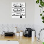 Islamic Wood Wall Art Quote - Start with Bismillah, Appreciate with MashaAllah, End with Alhamdulillah, Rustic Arabic Calligraphy Wooden Farmhouse Wall Decor, Muslim Decor Kitchen Sign (white) - Image 2