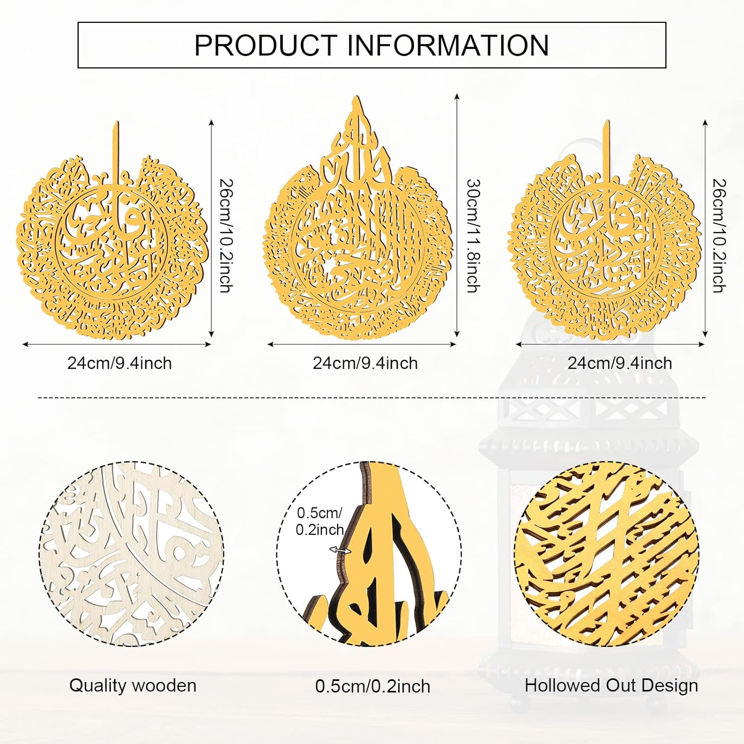 Yookeer 3 Pieces Islamic Wall Decor Muslim Gift Wall Decor Islamic Wall Art for Living Room Calligraphy Wall Indoor Decor Wooden Islamic Wall Art Decor for Home Bedroom Decor (Gold) - Image 2